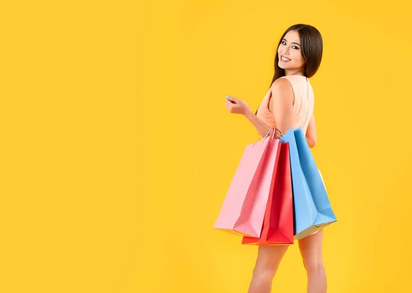 Fashion Asian Woman Holding Shopping Bags Yellow Background Copy Space — Foto de Stock