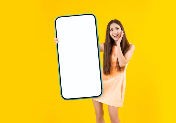 Funny Asian Girl Holding Big Blank Smartphone Empty White Screen — Foto de Stock