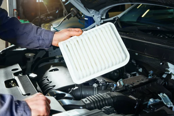 Scheduled Vehicle Maintenance Auto Mechanic Replacing Air Filter — Foto Stock