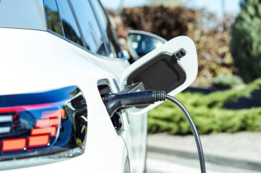 Elektrikli araba şarj oluyor. Yeşil enerji, çevre dostu yakıt.