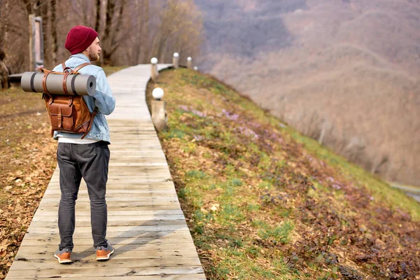 Bakifrån På Hipster Traveler Man I Casual Outfit Walking Ensam I naturen — Stockfoto