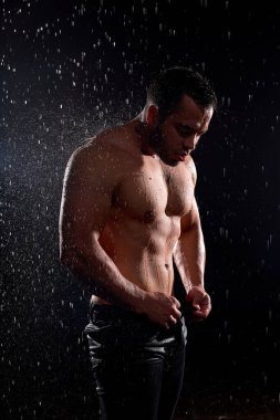 Kaslı vücutlu güçlü seksi erkek model, kameraya poz veren kaslı bir sporcu.