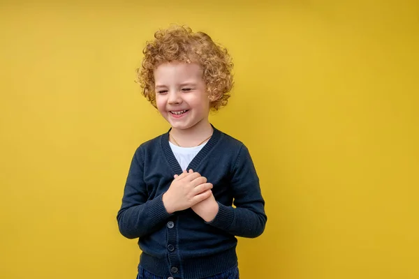 Een gelukkige jongen die handen op de borst houdt, dichtbij het hart, dankbaar, dromend. Menselijke emoties — Stockfoto