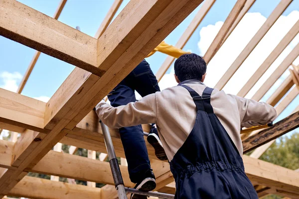 Hommes et femmes entrepreneurs grimpent sur le toit de la maison de construction en bois sur escabeau — Photo