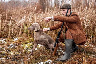 Avcı ve köpeği küçük bir oyun peşindeler. Yanları işaret eden adam, köpeğe komutayı ver.