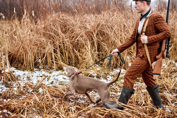 Perro cazador lleva al hombre cazador a un lado, dirige. en el bosque rural, lugar rural — Foto de Stock