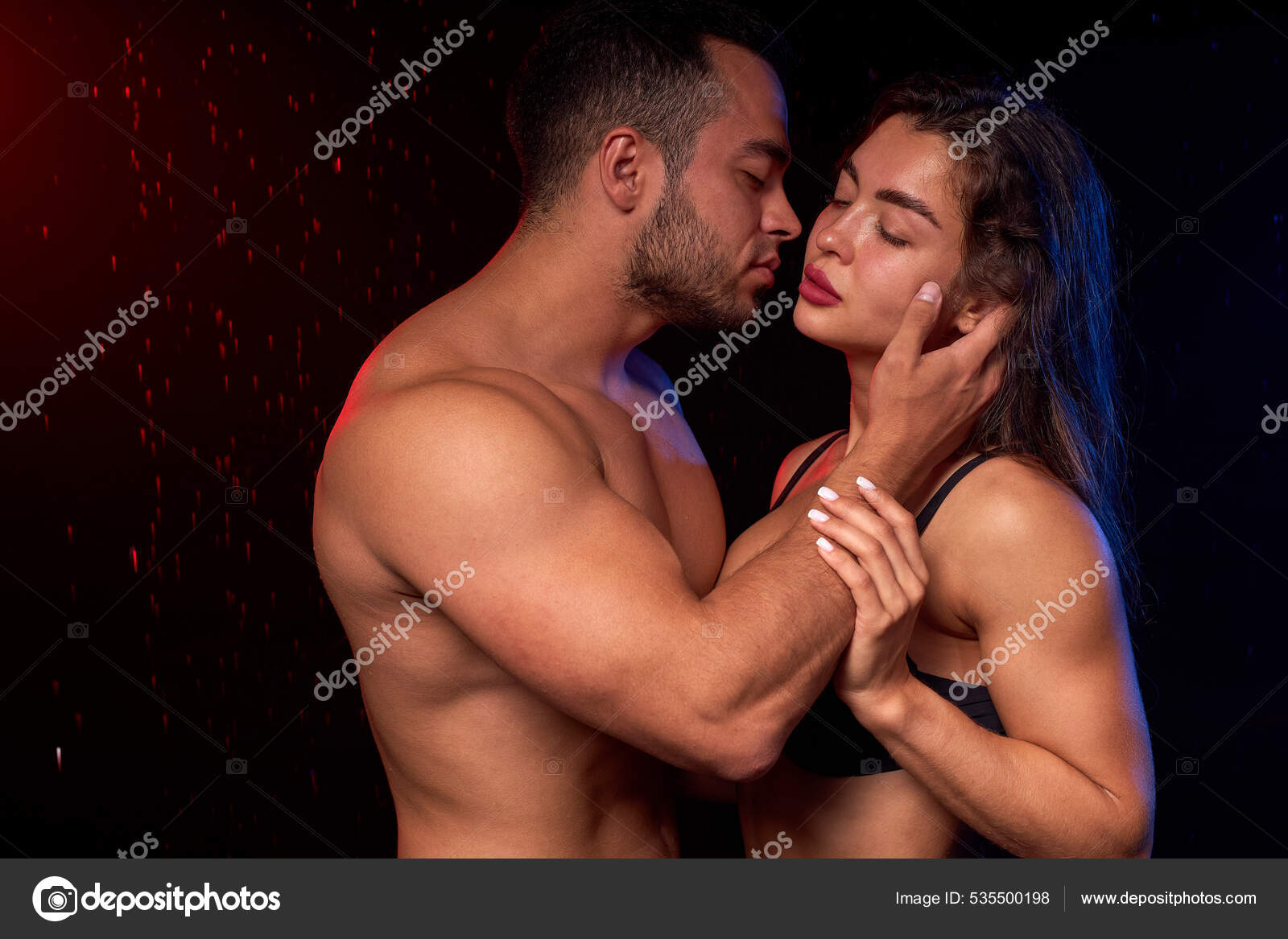 Close-up Portrait Of Young Temptive Man And Woman With Naked Fitness Body Hugging Stock Photo by ©ufabizphoto 535500198 image