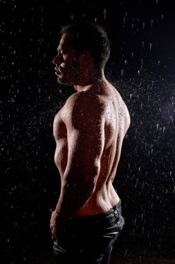 Kaslı vücutlu güçlü seksi erkek model, kameraya poz veren kaslı bir sporcu.