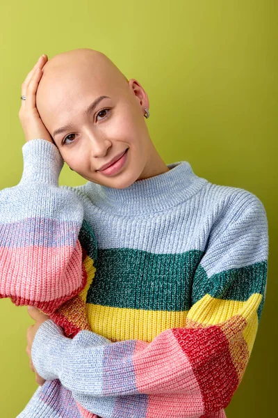 Portrait Smiling Caucasian Bald Female Bright Colorful Shirt Touching Head — Photo