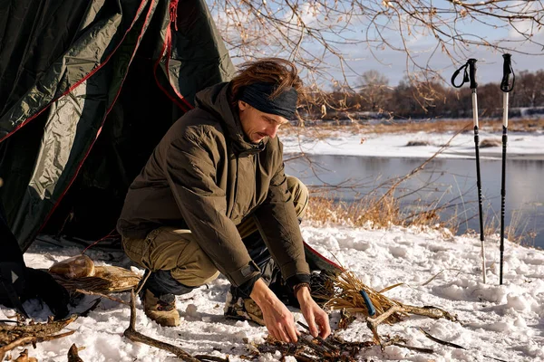 Man Starts Fire Forest Lighting Fire Nature Forest Male Person —  Fotos de Stock