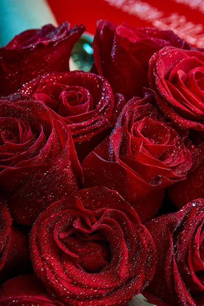 Happy Valentines Day Greeting Card Red Rose Petals Close Droplets — Fotografia de Stock