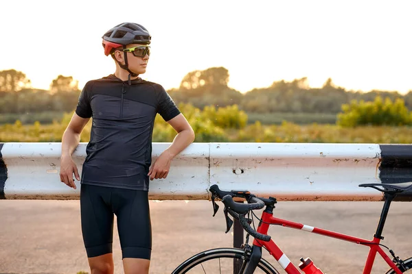 Cyclist Shorts Helmet Standing Road Countryside Having Rest Summer Season — Fotografia de Stock