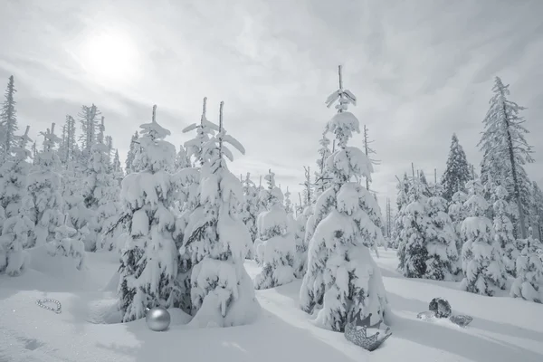 Snowy Firs with Christmas Objects — Stock Photo, Image