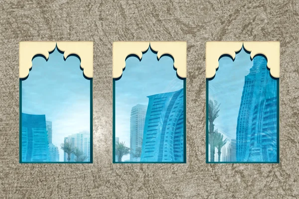 Abstrakte Dubai-Wolkenkratzer durch Fenster — Stockfoto
