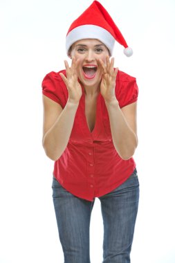 genç kadın Noel şapka megafon ile bağırarak h şeklinde