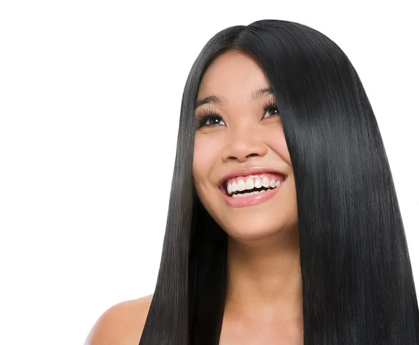 Beauty portrait of smiling asian girl healthy long straight hair — Stock Photo, Image