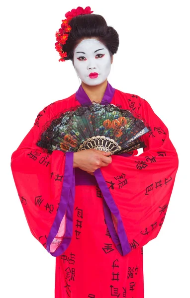 Portrait of geisha with fans isolated on white — Stock Photo, Image