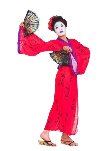 Full length portrait of geisha dancing with fans isolated on whi — Stock Photo, Image
