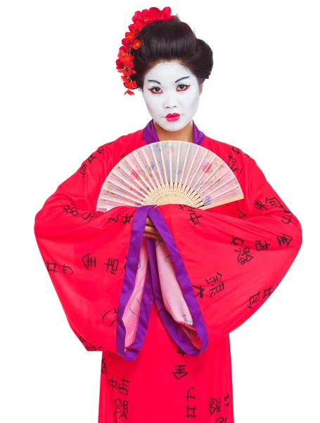 Portrait of geisha with fan isolated on white — Stock Photo, Image