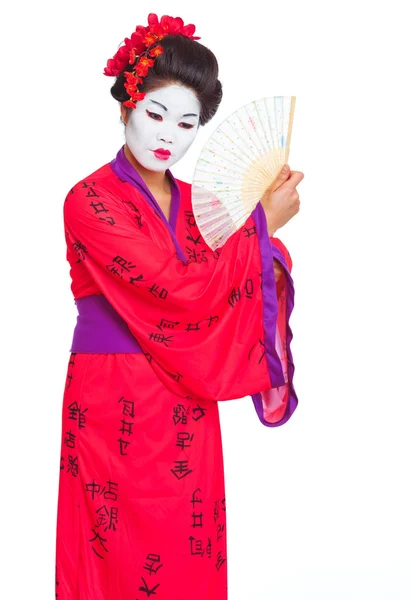 Portrait of geisha with fan isolated on white — Stock Photo, Image