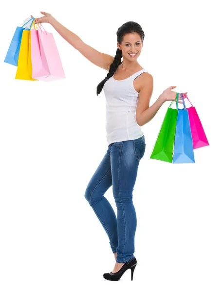 Retrato de larga duración de la chica feliz con bolsas de compras —  Fotos de Stock