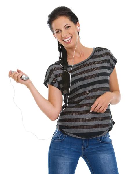 Retrato de menina feliz com fones de ouvido ouvindo música — Fotografia de Stock