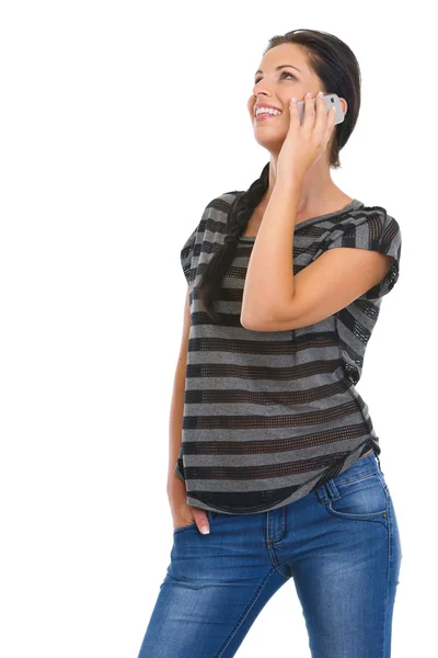 Sorrindo menina falando telefone celular e olhando no espaço de cópia — Fotografia de Stock