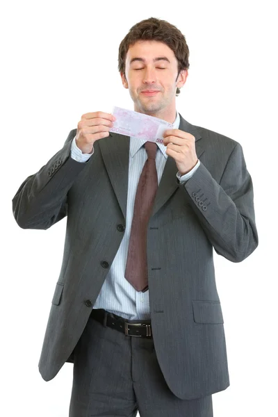 Empresário feliz sorrindo nota de 500 euros — Fotografia de Stock