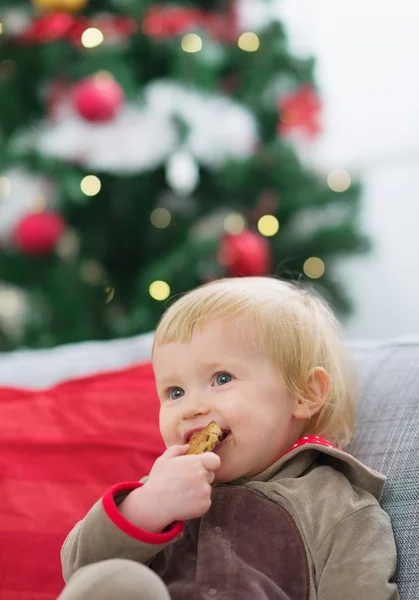 Happy baby äter cookie nära julgran — Stockfoto