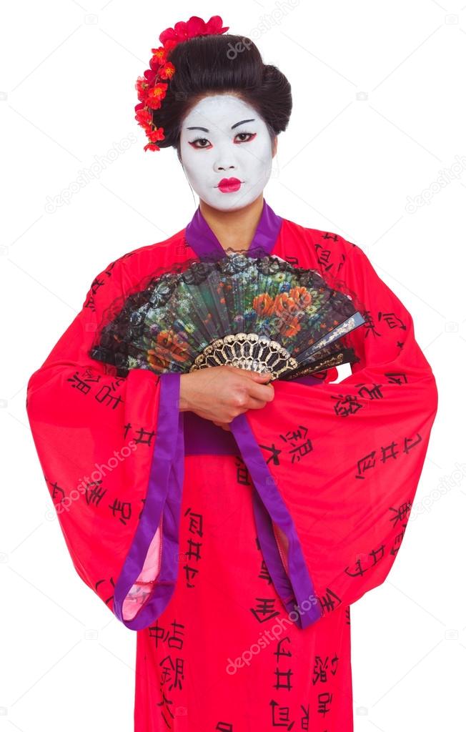 Portrait of geisha with fans isolated on white