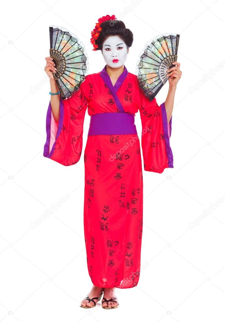 Full length portrait of geisha with fans isolated on white