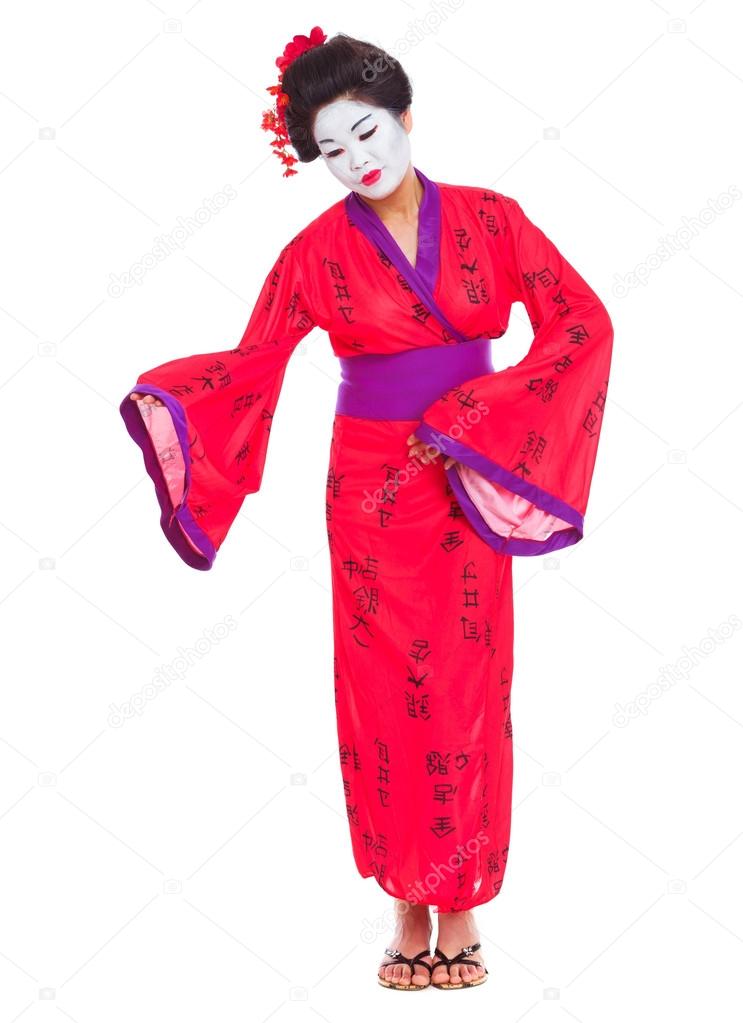 Full length portrait of geisha inviting isolated on white