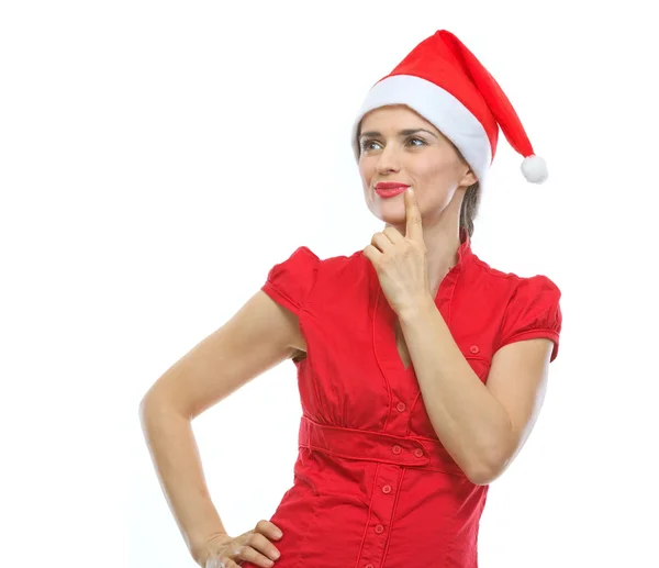 Portrét mladé ženy myšlení v santa hat na kopii sp — Stock fotografie