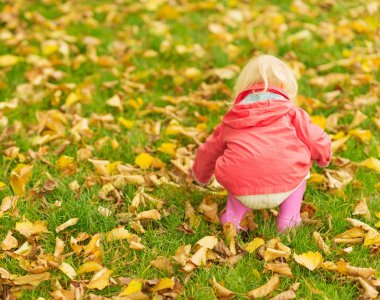 Bebek toplama düşen yapraklar. arka görünüm