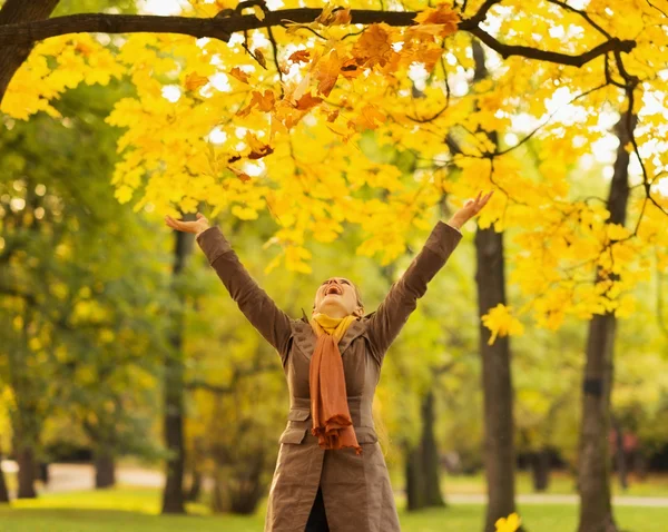 Mulher feliz jogando folhas caídas — Fotografia de Stock