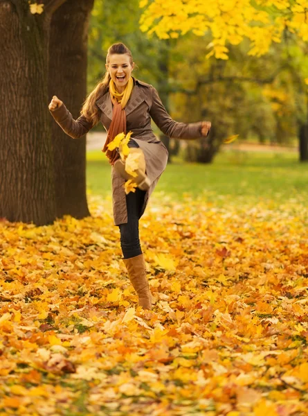 Fröhliche Frau tritt gegen umgestürzte Blätter — Stockfoto