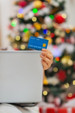 tatlı Noel ağacı önünde laptop ve kredi kartı