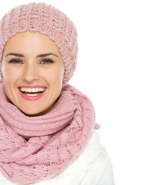 Closeup on smiling woman in knit winter clothes — Stock Photo, Image