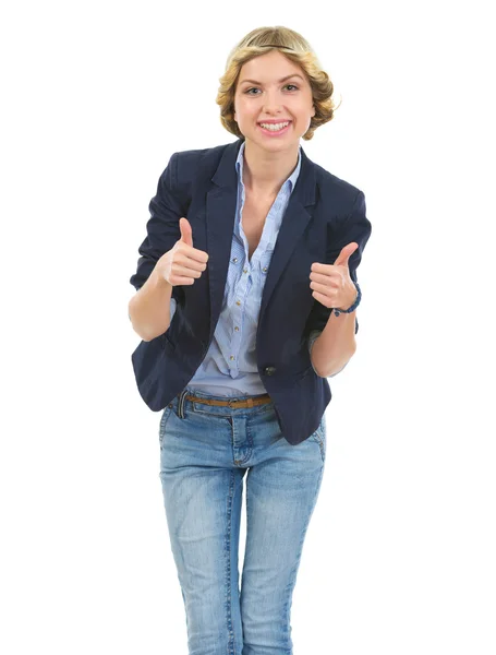 Happy teenage girl showing thumbs up — Stock Photo, Image