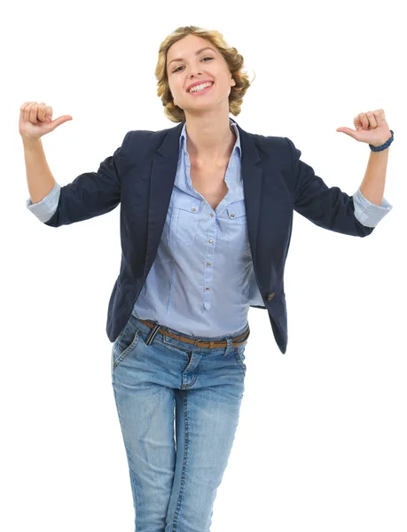 Happy teenage girl pointing on herself — Stock Photo, Image