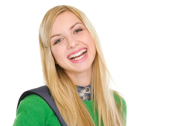 Portret van student meisje met rugzak glimlachen — Stockfoto