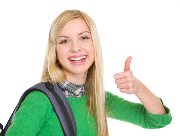 Smiling student girl showing thumbs up — Stock Photo, Image