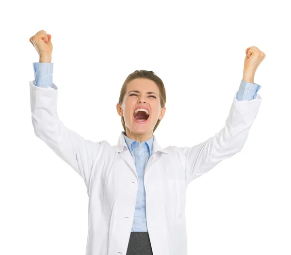 Happy woman in white robe rejoicing success — Stock Photo, Image