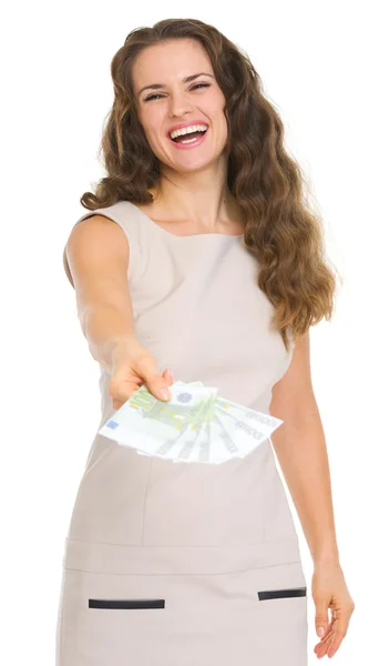 Young woman giving fun of euro banknotes — Stock Photo, Image