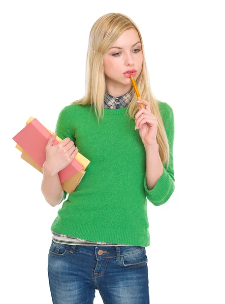 Retrato de estudante pensativo menina com livros — Fotografia de Stock