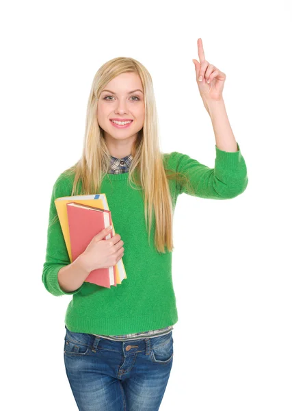 Retrato de menina estudante feliz ter idia — Fotografia de Stock