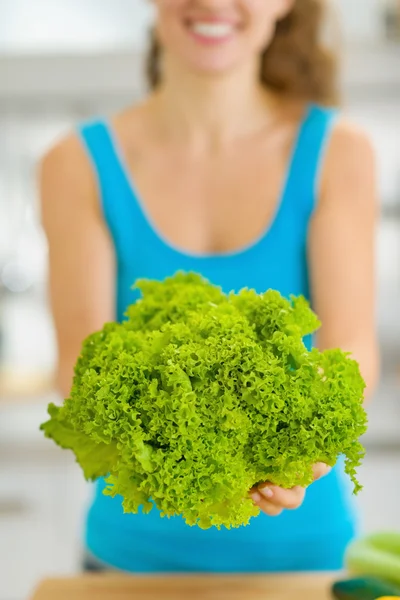 Nahaufnahme auf grünem Salat in der Hand einer jungen Frau — Stockfoto