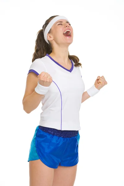 Jugador de tenis feliz regocijo en el éxito — Foto de Stock