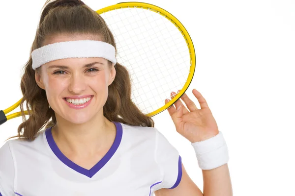 Boldog tenisz ütő játékos portréja — Stock Fotó