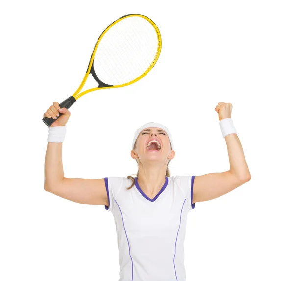 Glückliche Tennisspielerin jubelt über Erfolg — Stockfoto